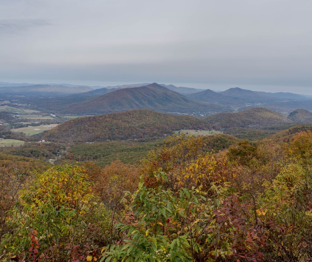A view from the Blue Ridge Parkway near Roanoke, VA. A range of low mountains are visible all the way to the horizon, each covered with fall colors of red, orange, yellow, and green. In the distance, the sun has broken through and adds a bright swath of light to one layer of mountains. A profusion of trees, also decked out for autumn, dominate the foreground.