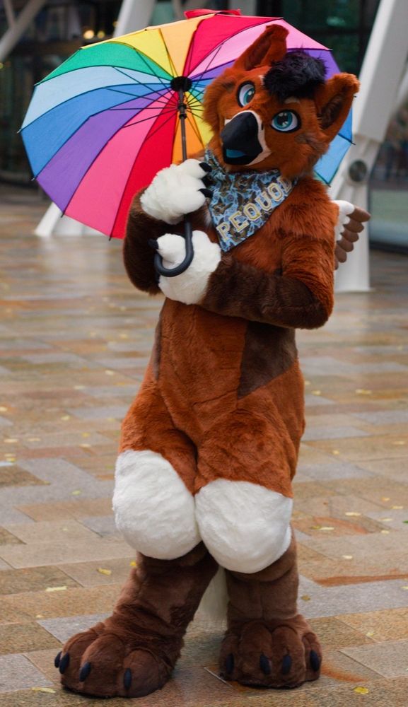 A brown griffin fur suit under a multicoloured rainbow umbrella 