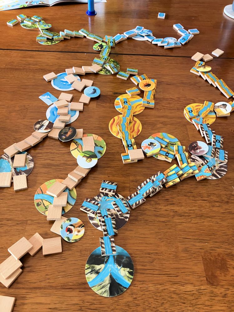 Game setup with river tiles toppled like dominoes in several directions.