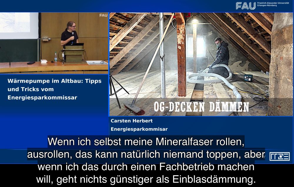 Screenshot aus dem Vortrag: OG-Decken dämmen. Man sieht die Durchführung einer Dämmmassnahme auf dem Dachboden. 