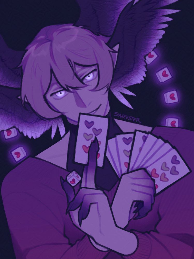 Portrait of Grian in his Watcher form with cards in his hands. He's partly hiding his smile with one of the cards and he is looking directly at the viewer. He's also holding one dice, reminiscent of the Wild Life logo. Several other dices like this one float behind him in a circle.