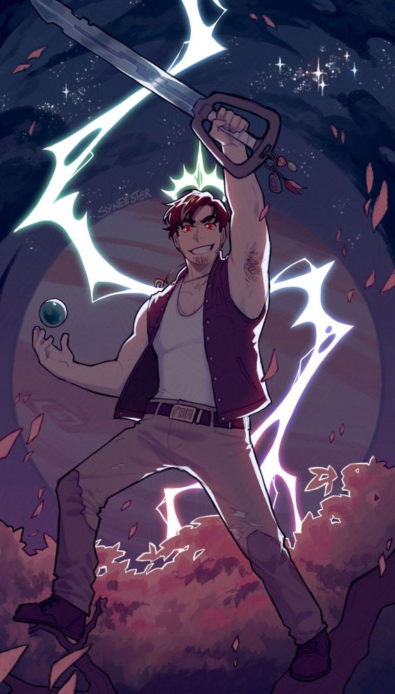 Fanart of Joel Smallishbeans at the end of Wild Life, standing on a cherry tree, holding a key-shaped diamond sword above his head with one hand and an enderpearl in the other. There's a light crown on top of his head with "VI" on it. Behind him, there is a lightning. In the distance, there is Jupiter.