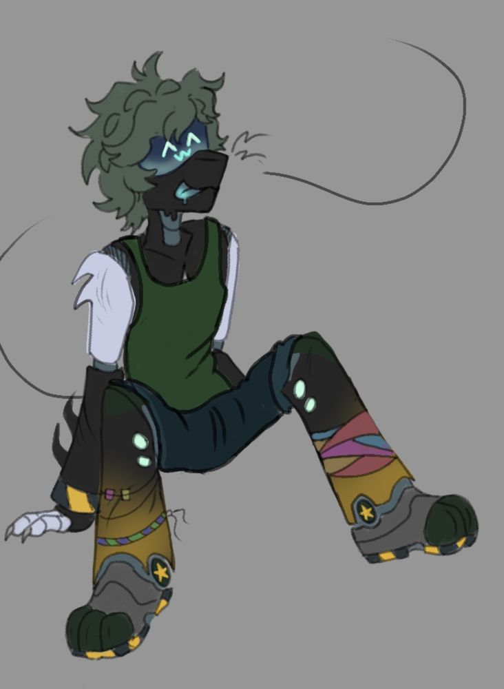 one of my murder drones OCs Sitting in the void with his tongue sticking out 