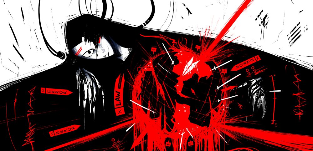 A mysterious black haired woman attached with wires is watching the world getting terminated with a creepy facial expression. Landmarks, arrows, signs are surrounded. Lances and spears are jabbed across the globe.