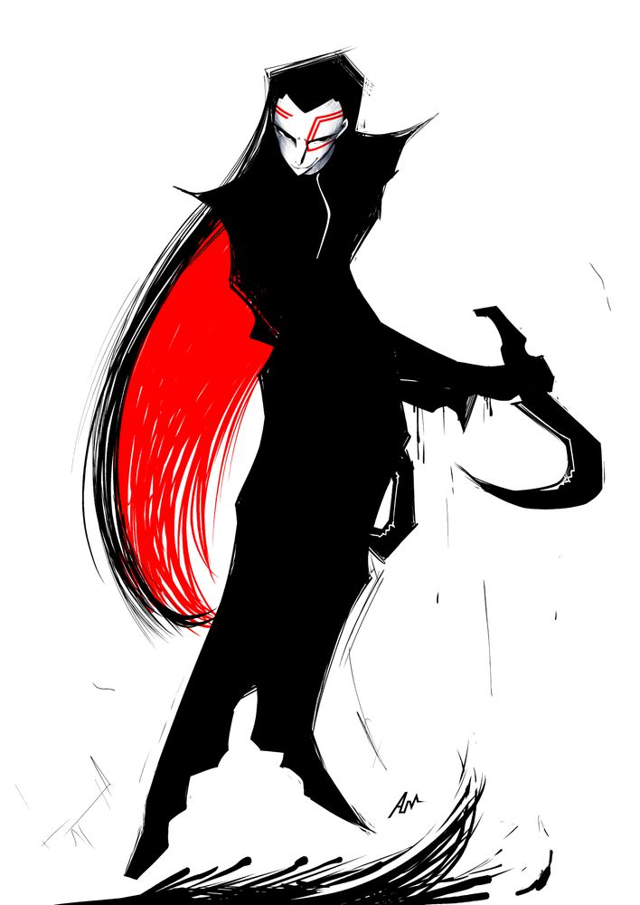 A mysterious tall woman with black hair with red ombre underlights holding a duel sickle (one on the hand and one at the side) with a sneering smirk. Blood spatters in a crescent shape stain the floor.
