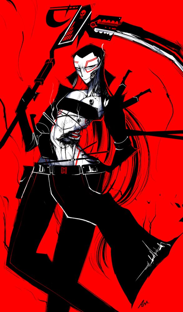 In a red background, a tall black-haired woman is posing proudly, wounded with sharp objects impaled all over the body and holding a scythe as a primary weapon.