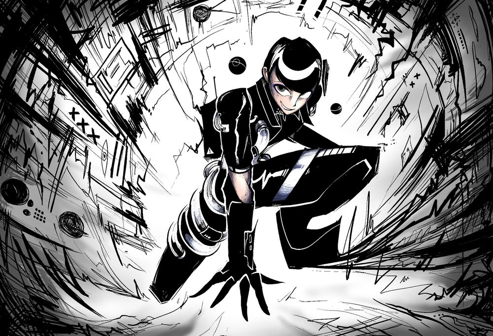 Redesign of Leone wearing a futuristic bodysuit armor. He is crouching dramatically at the center of a swirling, abstract black and white vortex with gnarly lines and geometric patterns.