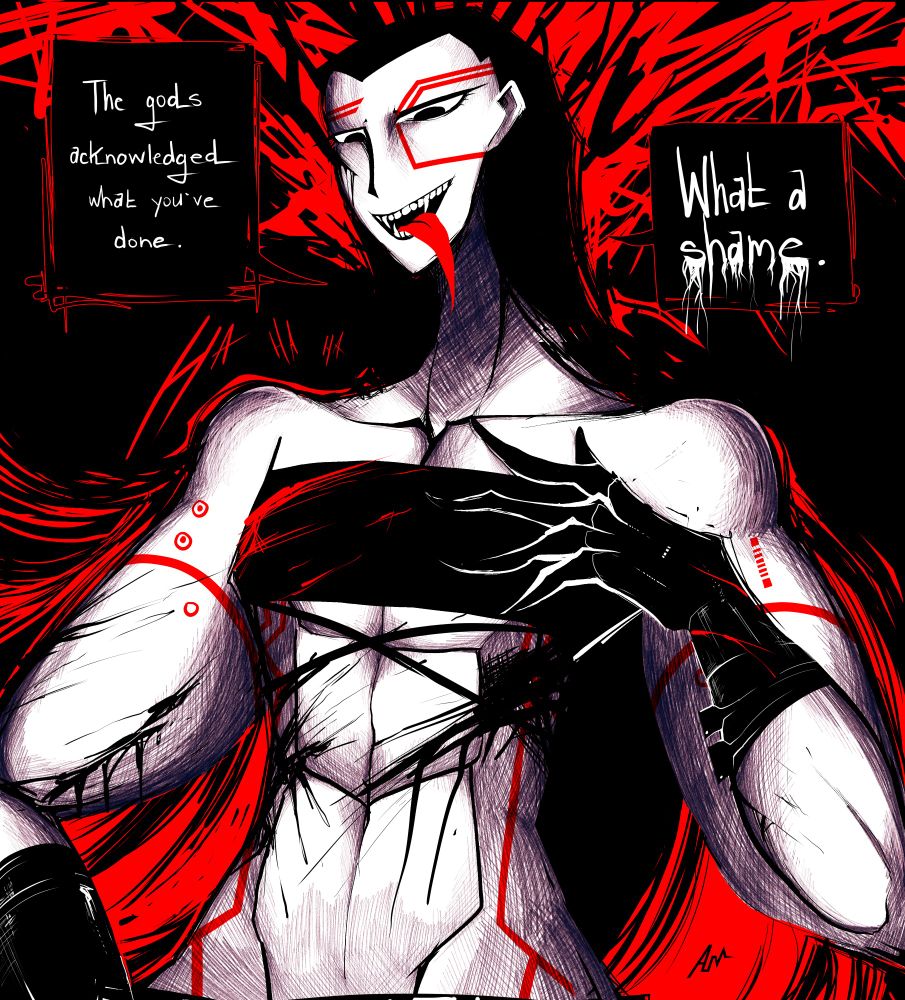 A long black-haired woman looking at the viewer with a long tongue sticking out, blood splattered across and disgracing the perceiver with a speech text, "The gods acknowledged what you've done. What a shame."