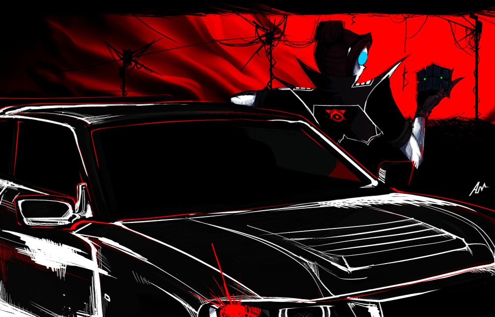 Scarlet Domen is holding a cube, leaning against a Nissan R34 Skyline GT-R, with a red and black cloudy sky and utility poles in the background.