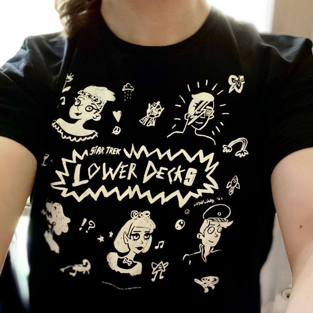 Star Trek Lower Decks shirt worn by Anna Nesey Gallons drawn by Noël Wells, voice of Tendi 