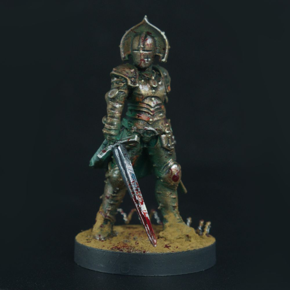 A painted Stigmatic Nun from Trench Crusade, adorned with worn bronze armor and a bloody sword