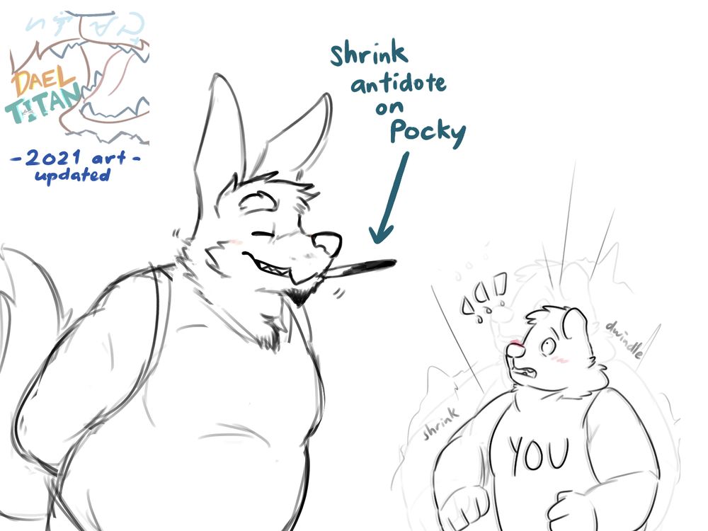 (continued) The "You" character shrinks even smaller now. The caption points to the Pocky that Dael is holding, it says: "shrink antidote on Pocky"