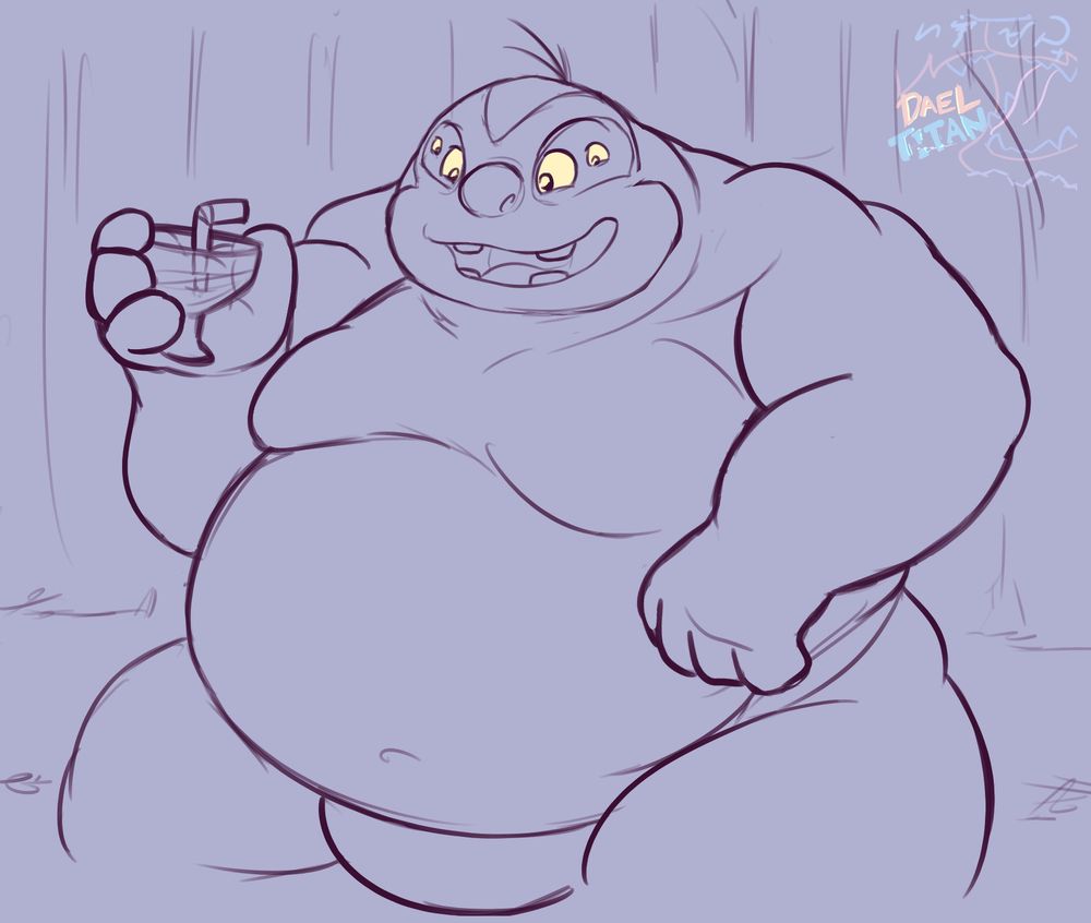 Drawing of Jumba wearing only underwear sitting with a cocktail glass with a bendy straw 
