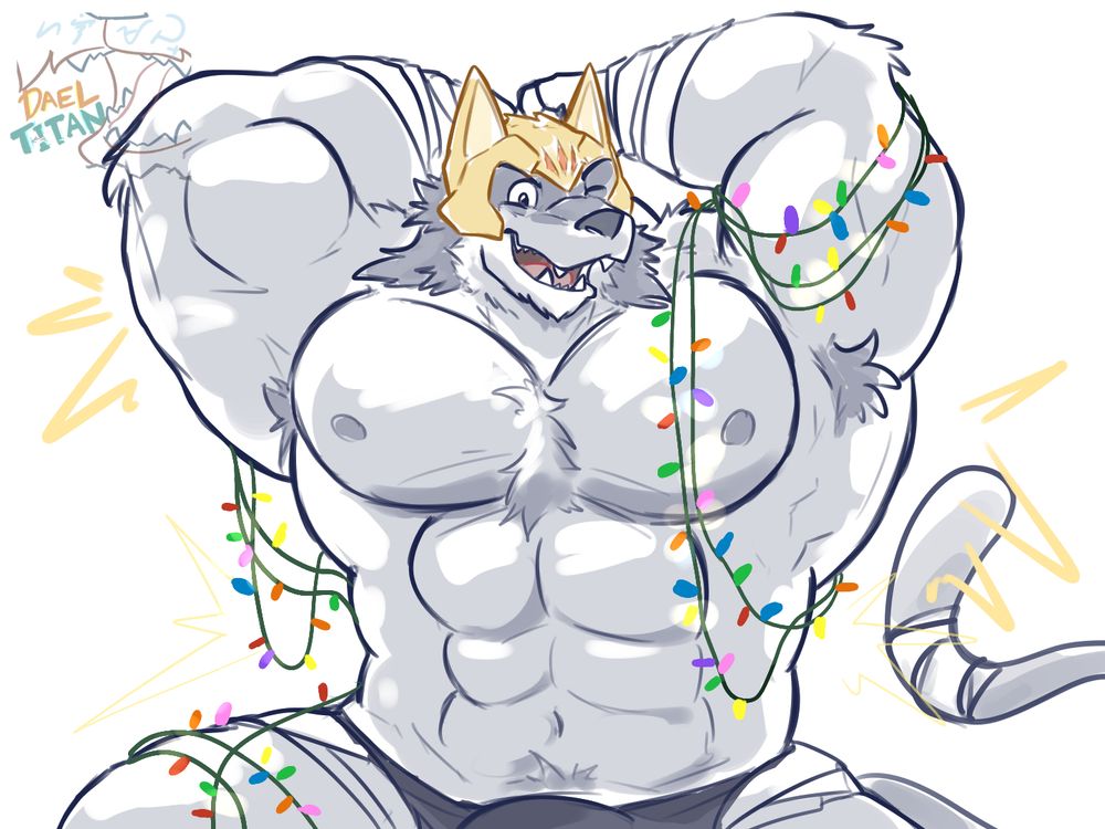 Drawing of shirtless muscular anthro Purrgis flexing his arms behind his head, with colored bantings wrapped around him