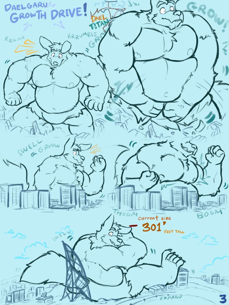 Dael watches below his as his house reduced to splinters and rubble, then suddenly he increases in size once again, all over. He grins as he rises higher than buildings. He sits again a radio tower, as he reaches 300 feet tall.