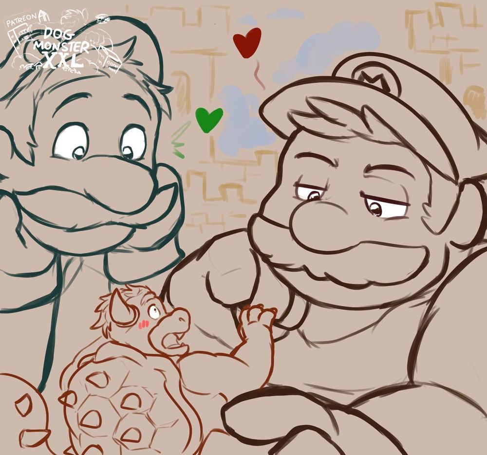 Drawing of tiny Bowser with giant Mario Bros by this user