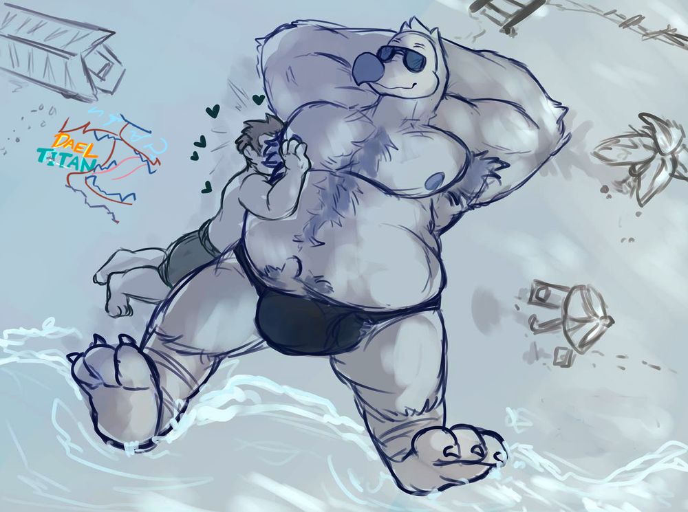 Macro Bara Wilbur lounging face up on a beach, while his macro human hubby faceplants into his armpit.