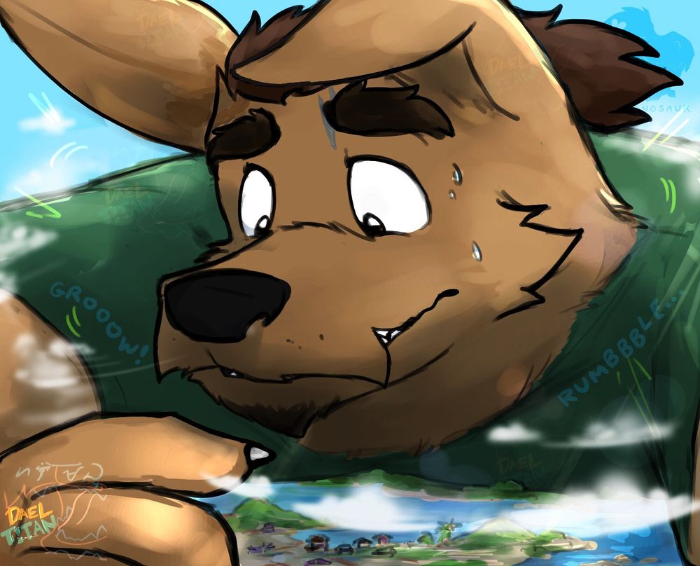 Drawing of a humongous anthro dog beast looming over a puny tropical island. The giant beast looks a bit startled and confused by this predicament. The island looks smaller than the beast's hands.