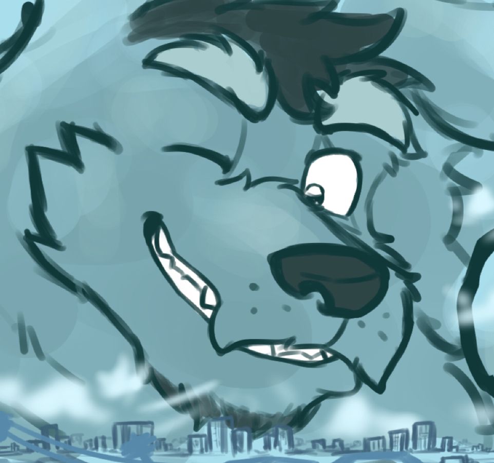 Dael's smiling face as they wink above tiny buildings, and exhale clouds