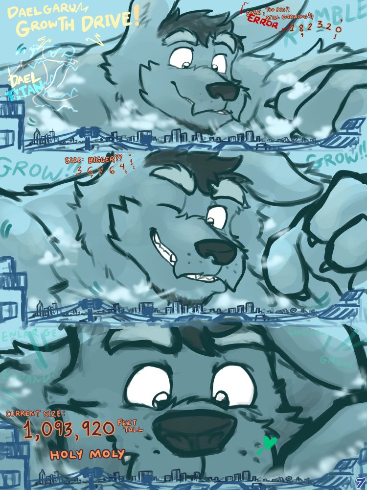 Dael peeks of a truly puny city whose buildings look smaller than sugar cubes. Dael starts growing and growing until his face covers the horizon, reaching 1 million feet tall.