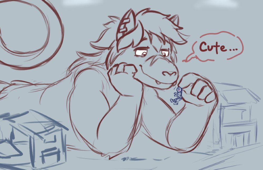 Banahaw leans over and picks up a tiny human smaller than her thumb. The small houses around her would be normal sized to the human.