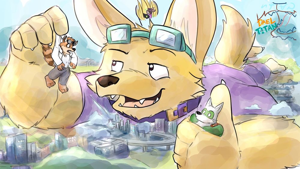 Giant Reuben smugly smiling while lounged belly down on a city small as toys to him, while he’s holding KD in one hand, dangling Doc Omega by the coat, and housing Quinn in his fur.