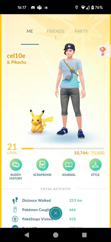 my level 21 Pokemon Go trainer with a basic pikachu 