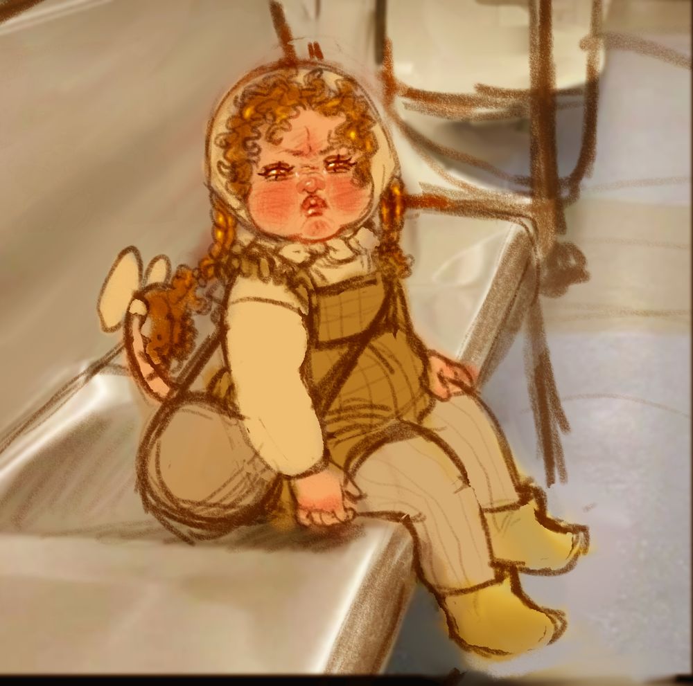 little teddy sitting on a train seat scrunching her face up at the viewer