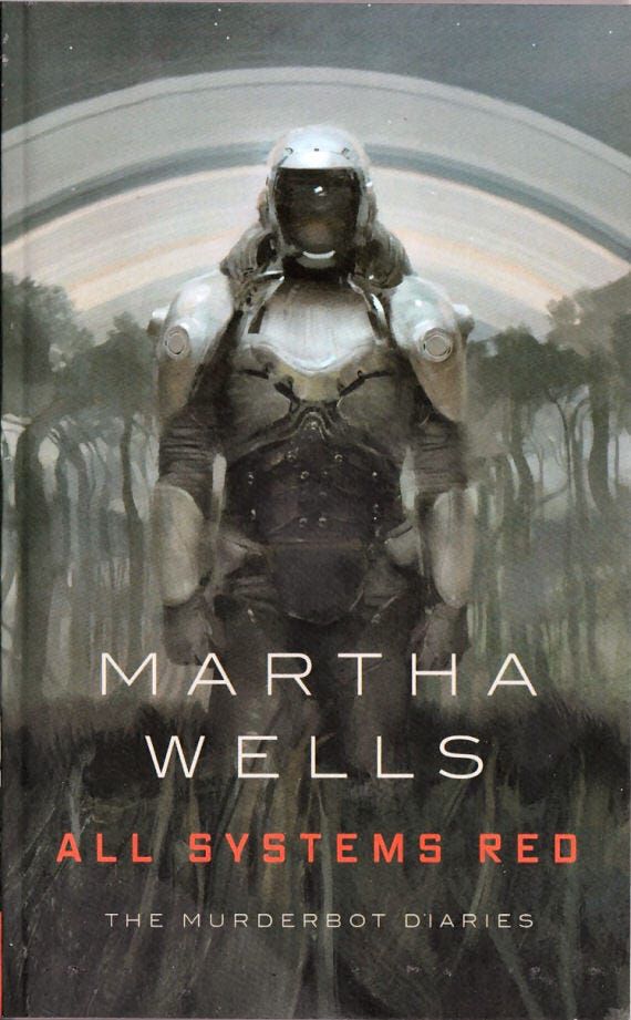 A cover for All Systems Red by Martha Wells. It is grayscale except for the title in red, and depicts a robot wearing a space suit and space helmet, with no face visible.