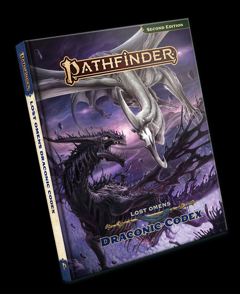 A cover for Pathfinder Lost Omens: Draconic Codex depicting two dragons, one black and one white, poised to attack each other.