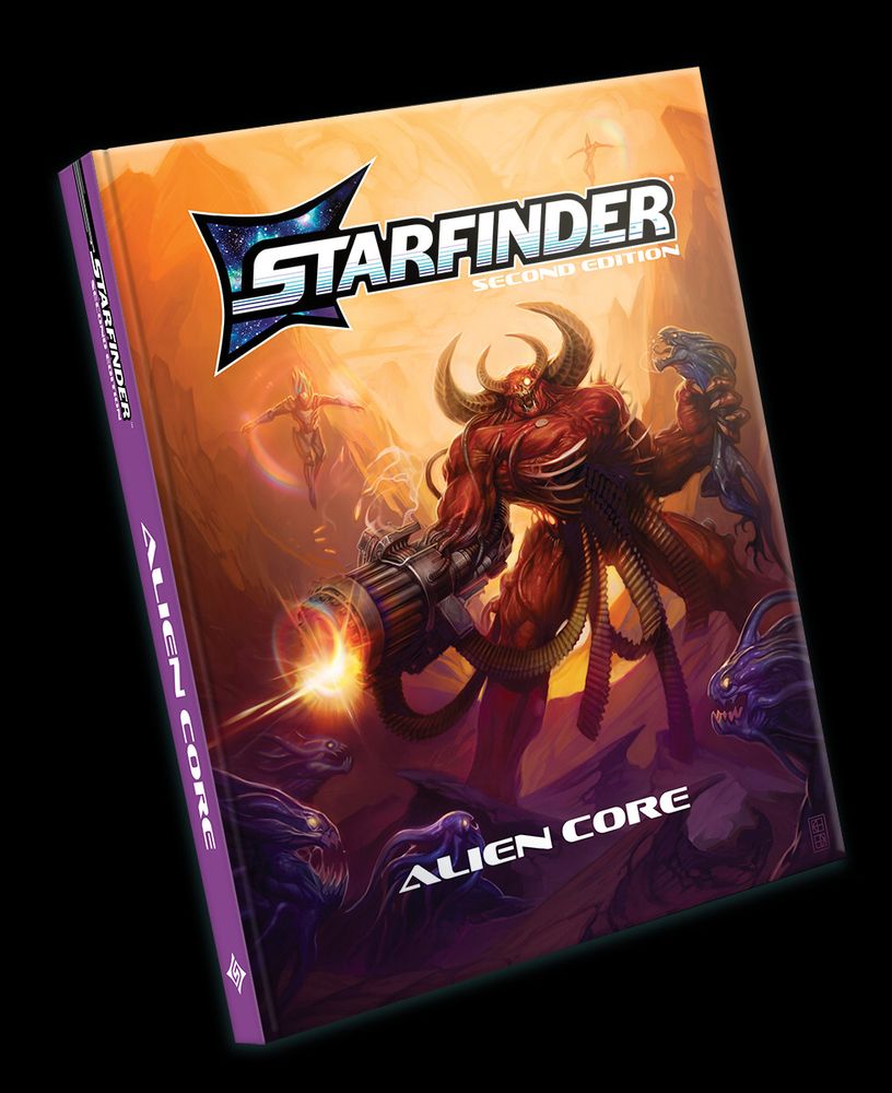 A cover of Starfinder Alien Core depicting a red-skinned, muscular armored figure with horns, holding a large laser weapon and grabbing a serpentine creature in their other hand.