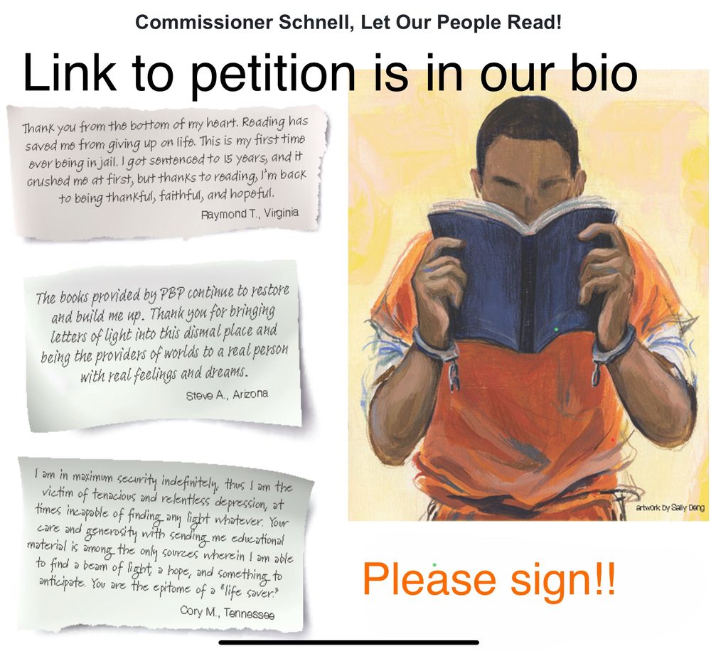 Graphic from Books to Prisoners shows image of incarcerated person reading, along with quotes from recipients of books.