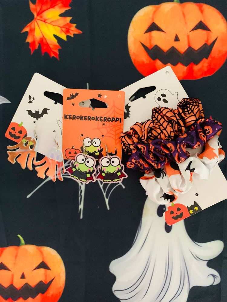 Ghost earrings, vampire frog earrings and Halloween themed hair scrunchies. 