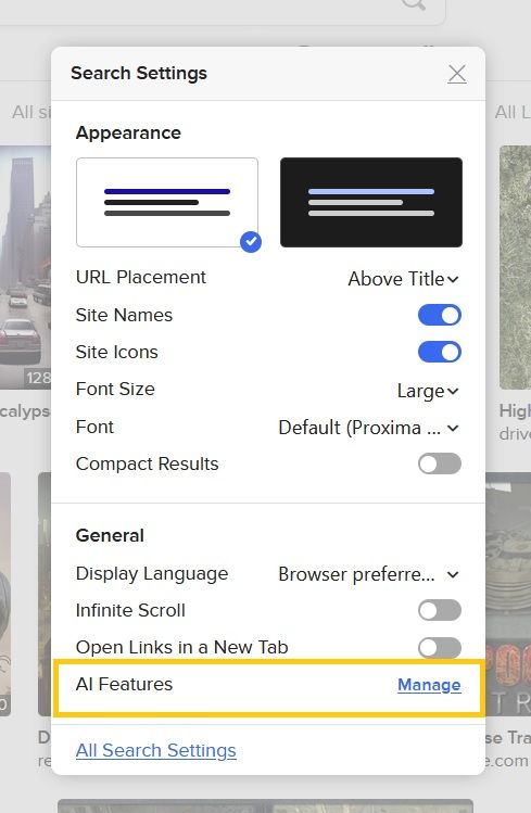 Screenshot of Duck Duck Go's default search settings. The section to manage ai features is highlighted.