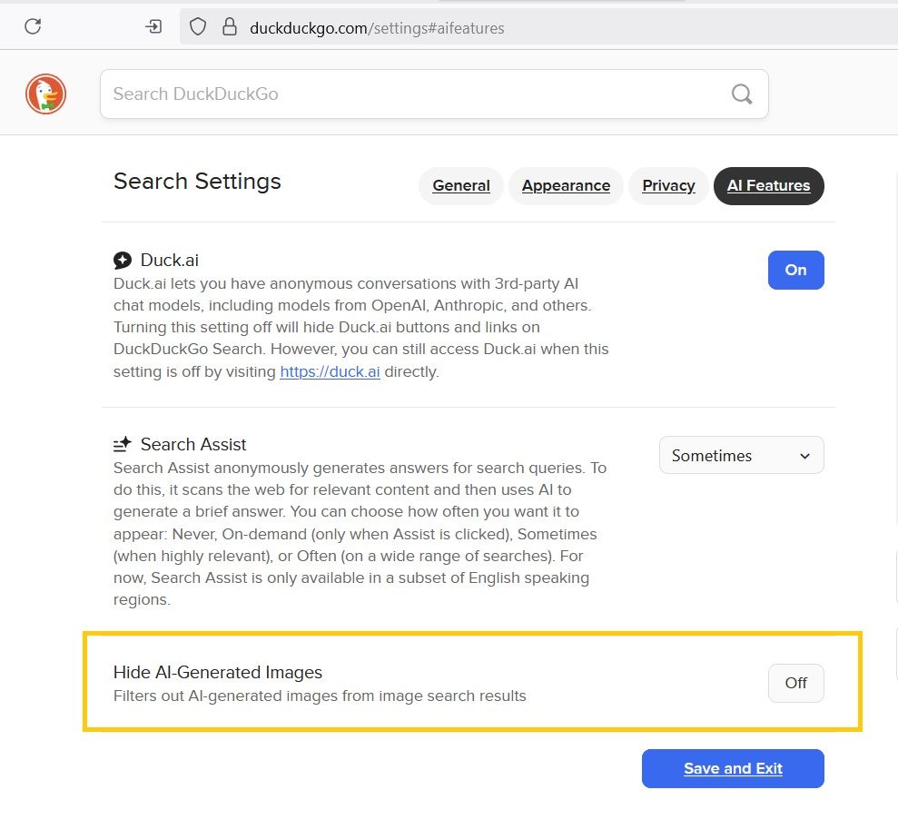 Screenshot of Duck Duck Go's default settings for ai search interface. The highlighted section shows where used can turn off inclusion of ai generated images in search results.

Full text of this page reads:
Duck.ai

Duck.ai lets you have anonymous conversations with 3rd-party AI chat models, including models from OpenAI, Anthropic, and others. Turning this setting off will hide Duck.ai buttons and links on DuckDuckGo Search. However, you can still access Duck.ai when this setting is off by visiting https://duck.ai directly.

Search Assist

Search Assist anonymously generates answers for search queries. To do this, it scans the web for relevant content and then uses AI to generate a brief answer. You can choose how often you want it to appear: Never, On-demand (only when Assist is clicked), Sometimes (when highly relevant), or Often (on a wide range of searches). For now, Search Assist is only available in a subset of English speaking regions.

Hide AI-Generated Images

Filters out AI-generated images from image search results
c
Cloud Save

Save your settings anonymously to the cloud
What is this?
Show Bookmarklet and Settings Data
Reset All Search Settings