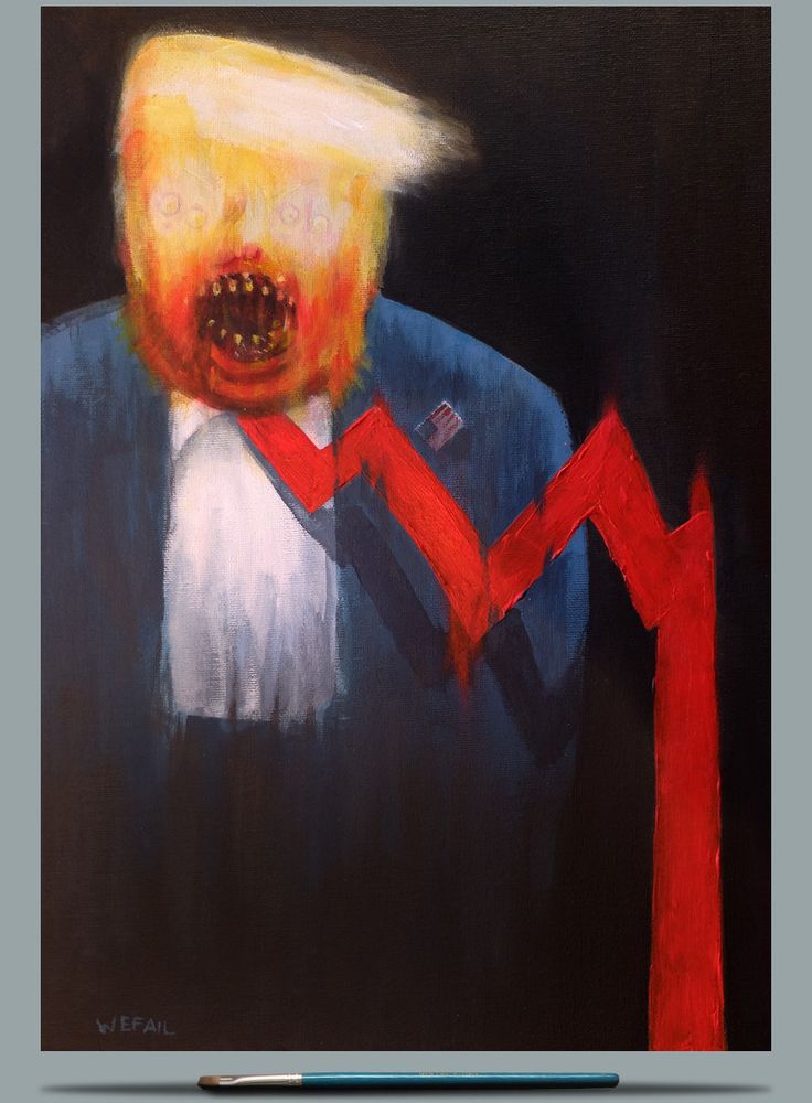 Titled "Orange Monday" acrylic on canvas by wefail.art 
Image depicts a caricature of Donald Trump in bold colors of bright orange, primary yellow, red and blue, against a black background of  abyss. The hair appears as a white-hot fly-away cotton-candy fluff  and the face has monstrous white orbs for eyes with 2 cartoonish pupils in each, telling us this person is not right in the head. The face is yellow at the top, but dramatic striations deepen into orange and then red as it descends to the chin. The mouth is a gaping reddish brown maw with animalistic teeth, signifying uncontrolled rage, stupidity and authoritarianism. He wears the signature blue suit with a flag pin and overly long red tie. Here, the red tie is used to create an image a stock market graph zig-zagging erratically down & up and eventually plunging straight down.