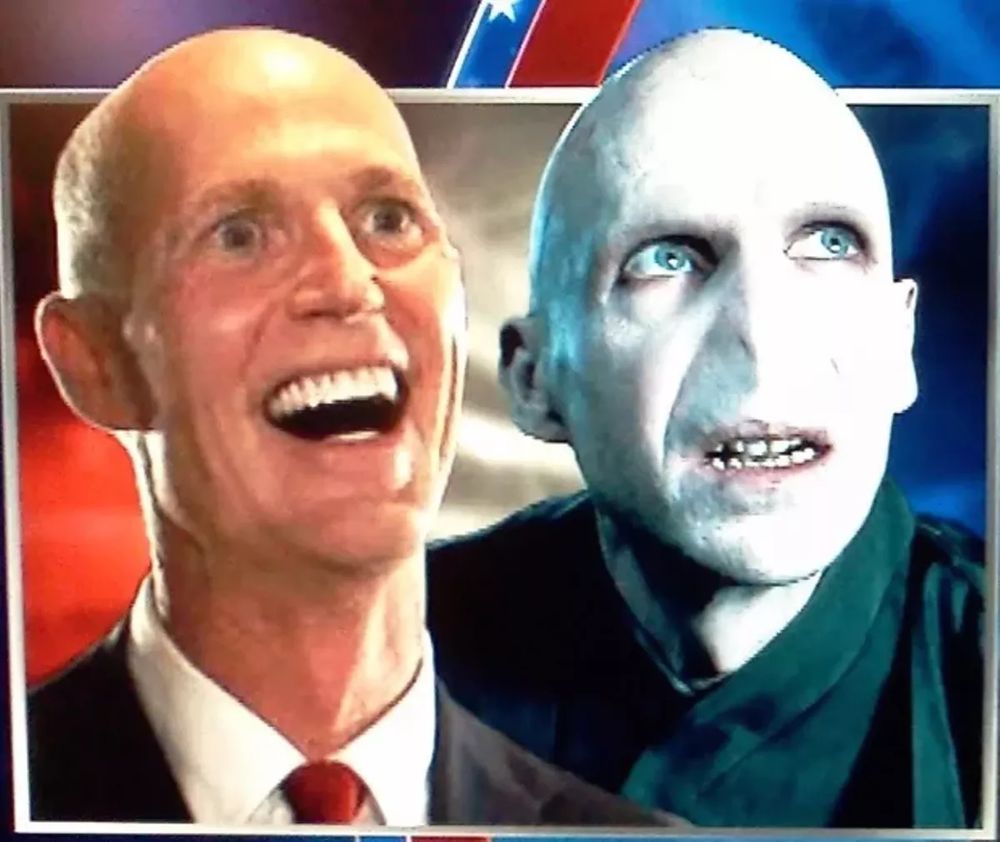 side by side head shots of political hack FL GOP Rick Scott next to Voldemort