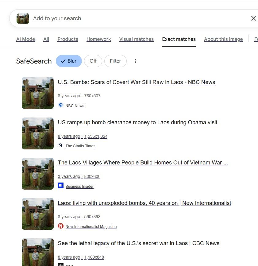 Screenshot of a google images search showing a woman in Laos posing between 3 bombs. The google search served up over 100 exact matches.
The first image match brings up an NBC article posted in 2016, titled "U.S. Bombs: Scars of Covert War Still Raw in Laos"
The caption next to the woman says, "A woman stands outside her house at a gate made from bombs dropped by the U.S. Air Force during the Vietnam War in the village of Ban Napia, Laos, on Sept. 3.

From 1964 to 1973, U.S. warplanes dropped more than 270 million cluster munitions on the communist country, one-third of which did not explode, the Lao National Regulatory Authority for UXO says.

America's "secret war" left Laos with the unfortunate distinction of being the most heavily bombed country, per capita, in history."
