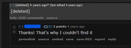 a snip of a 4 year old reddit comment section. The top comment reads from a deleted user, and the comment has been replaced with "[deleted]". Underneath it, a user responds "Thanks! That's why I couldn't find it"