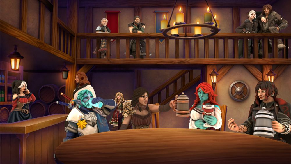 From top left to top right; Jacob Joachim Ferrolt, Franky Maru, Marina "Batty" Callaghan and Fredovild "Beary" Fazdori

From bottom left to bottom right; Ameiko Kaijitsu, Hisamatsu Kaneyoshi, Demetrius Cisto, Dura Goldbyrn ,Evelyn Maru, Sylrona Oceangift and Calor "Birdy" Callahan

Fredovild and Marina are watching their captain spend quality time with his sister (Sylvie) whilst Hisamatsu is flirting with the Barmaid Ameiko
In the meantime both elders Franky and J.J Ferrolt are watching from above to enjoy the spectacle and fun within 