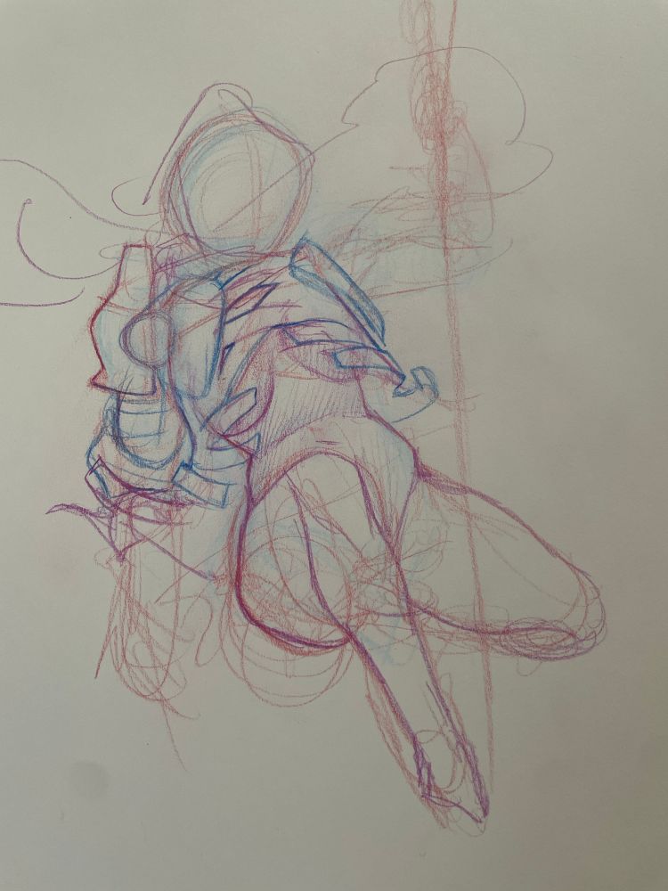 A sketch of a femme character partially clad in armor.