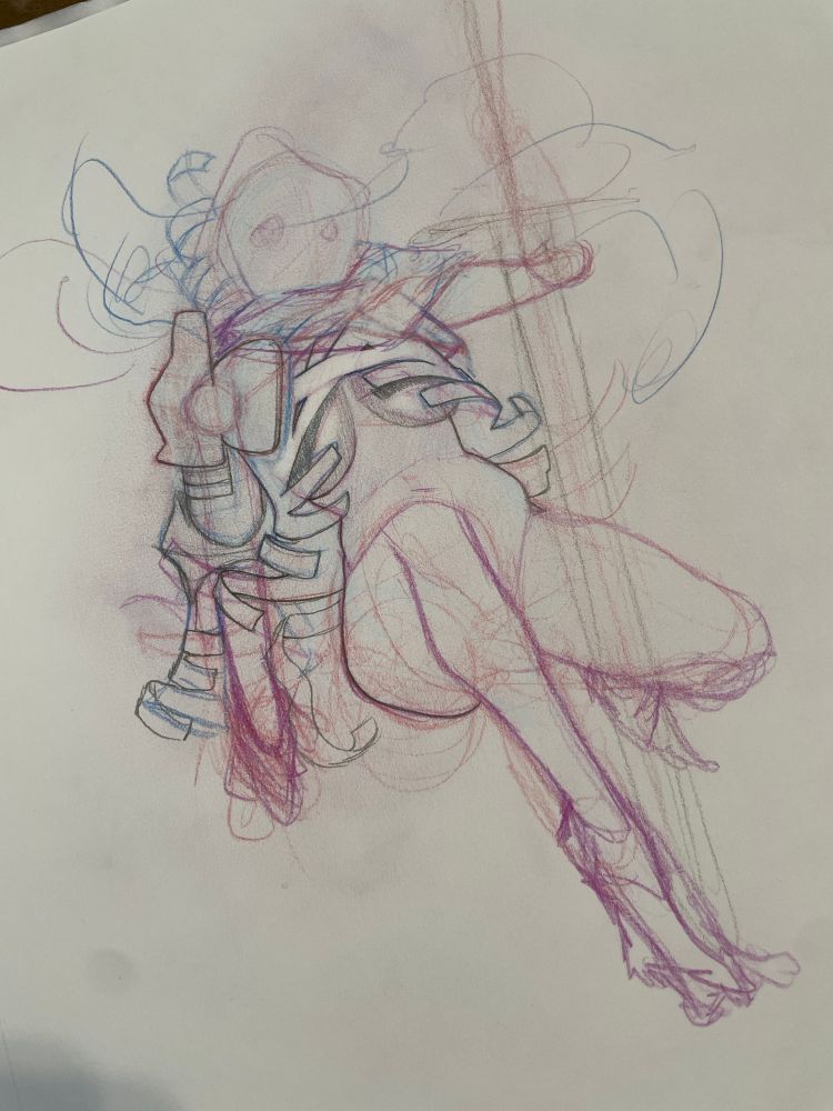 A sketch of a femme character partially clad in armor.
