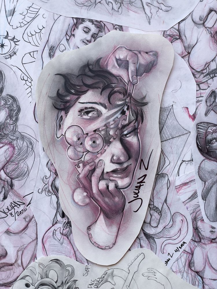 A drawing depicting a person unzipping a zipper attached to their face. Behind their face are many eyeballs.