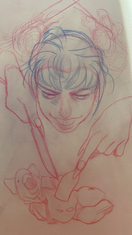 A drawing depicting a femme person preparing to eat a pig-headed man.