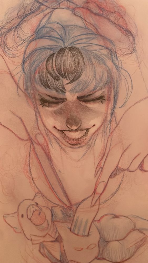 A drawing depicting a femme person preparing to eat a pig-headed man.