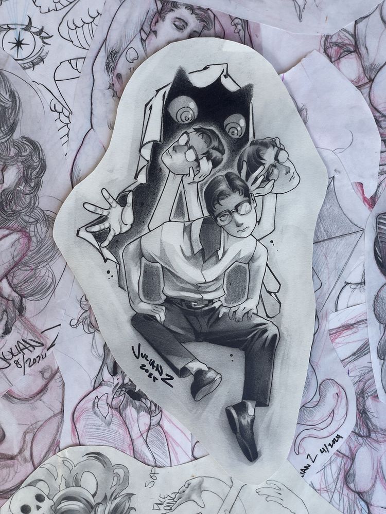 A drawing depicting a character with three heads. The heads of the character are being juggled by a hooded figure behind them.