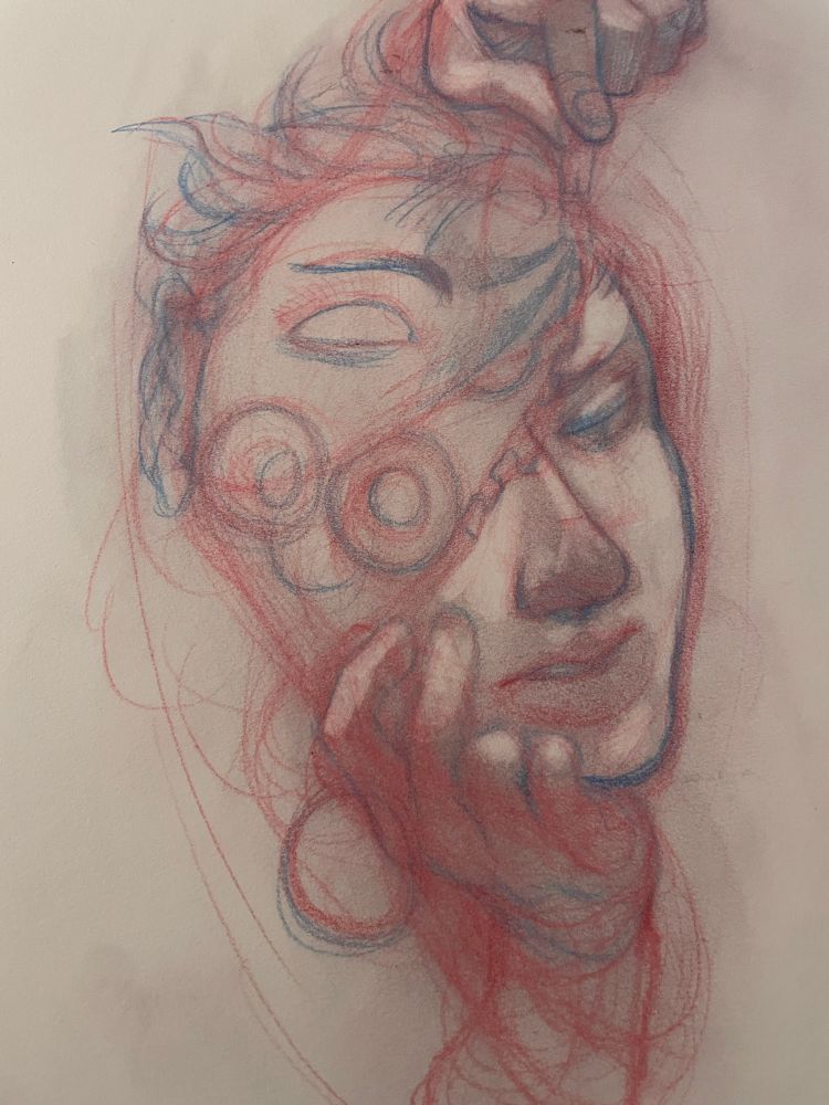 A drawing depicting a person unzipping a zipper attached to their face. Behind their face are many eyeballs.
