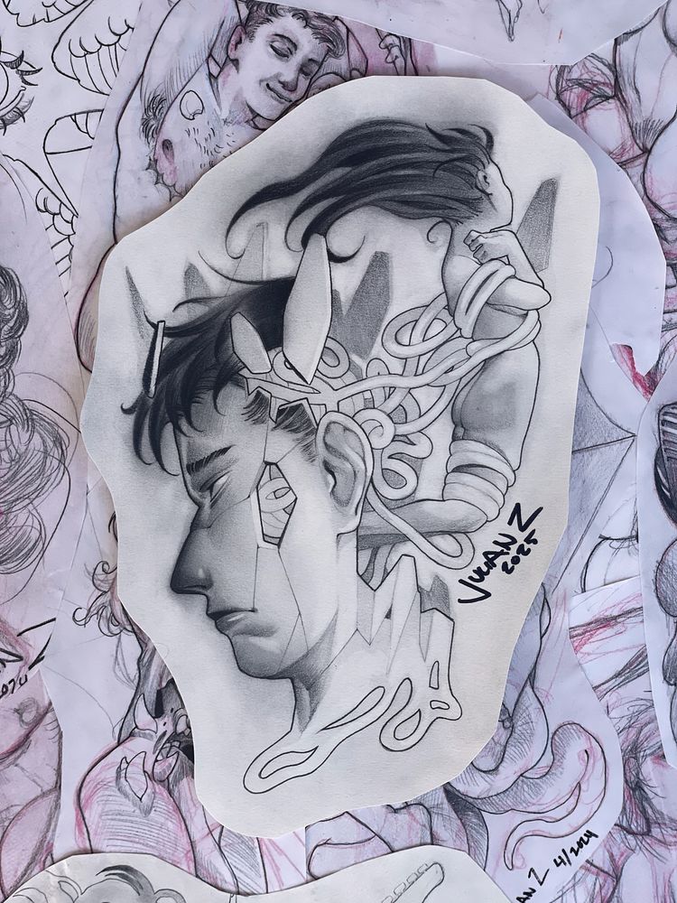 A drawing depicting a femme character emerging from a head. The character is tangled in rope.