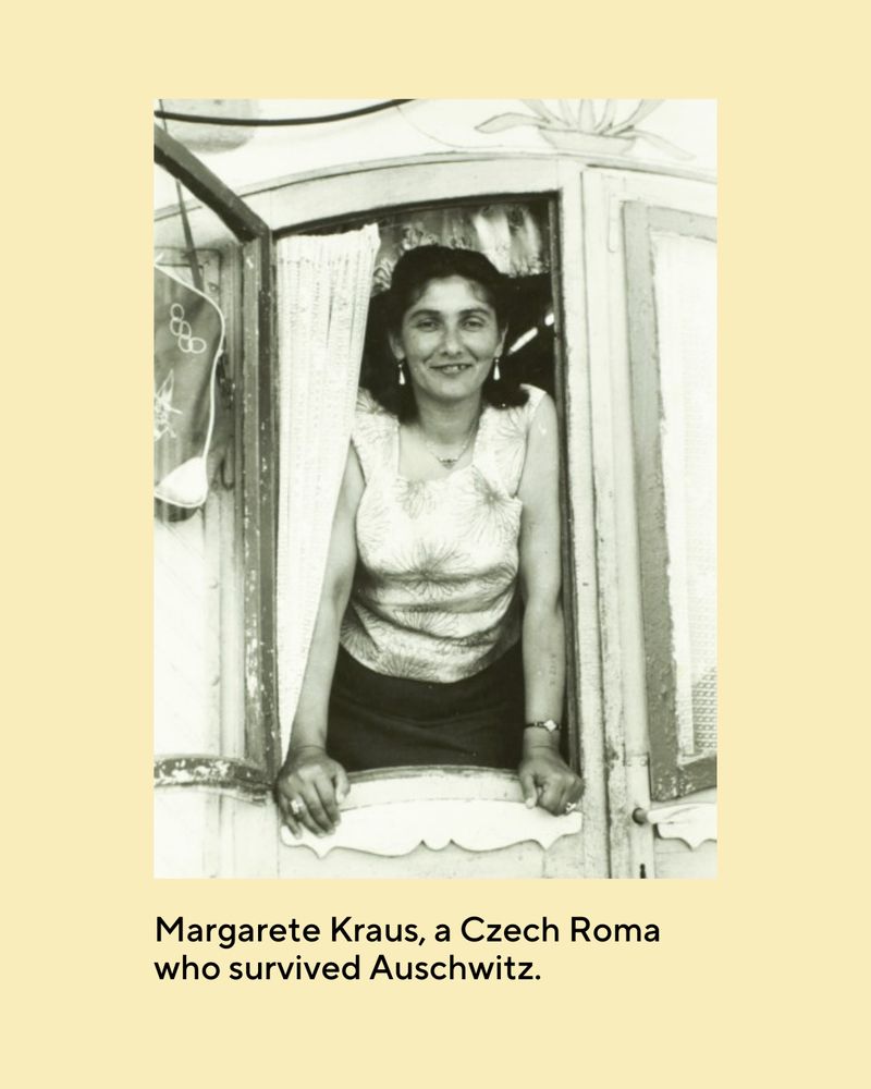 A black and white photograph of Margarete Kraus, a Czech Roma woman who survived Auschwitz. Her number tattoo from the camp is visible on her left arm. 