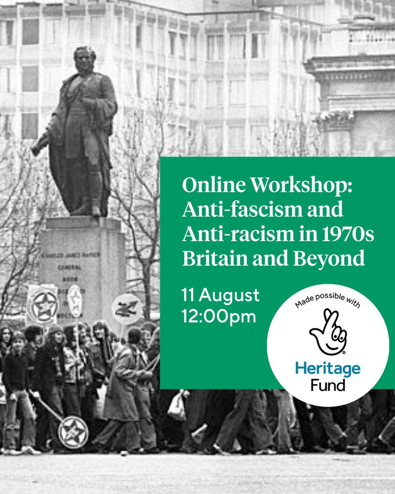 A graphic featuring a black and white photograph of a Rock Against Racism protest march